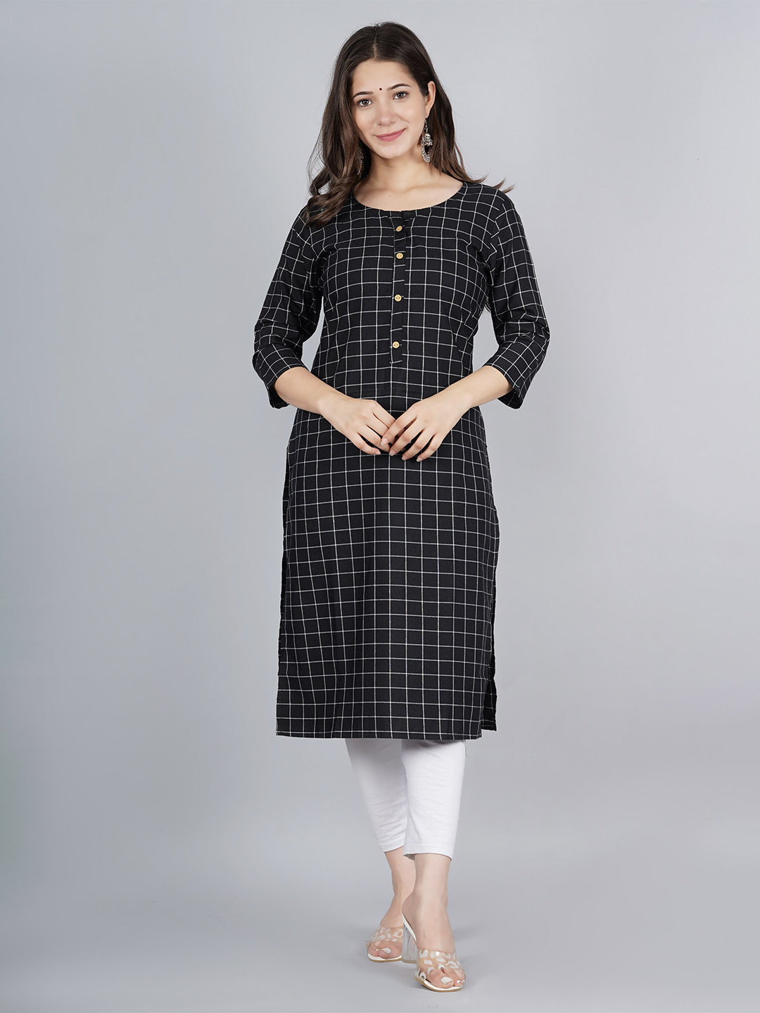 

JAIPURI COLLECTION Women Black & White Checked Cotton Kurta