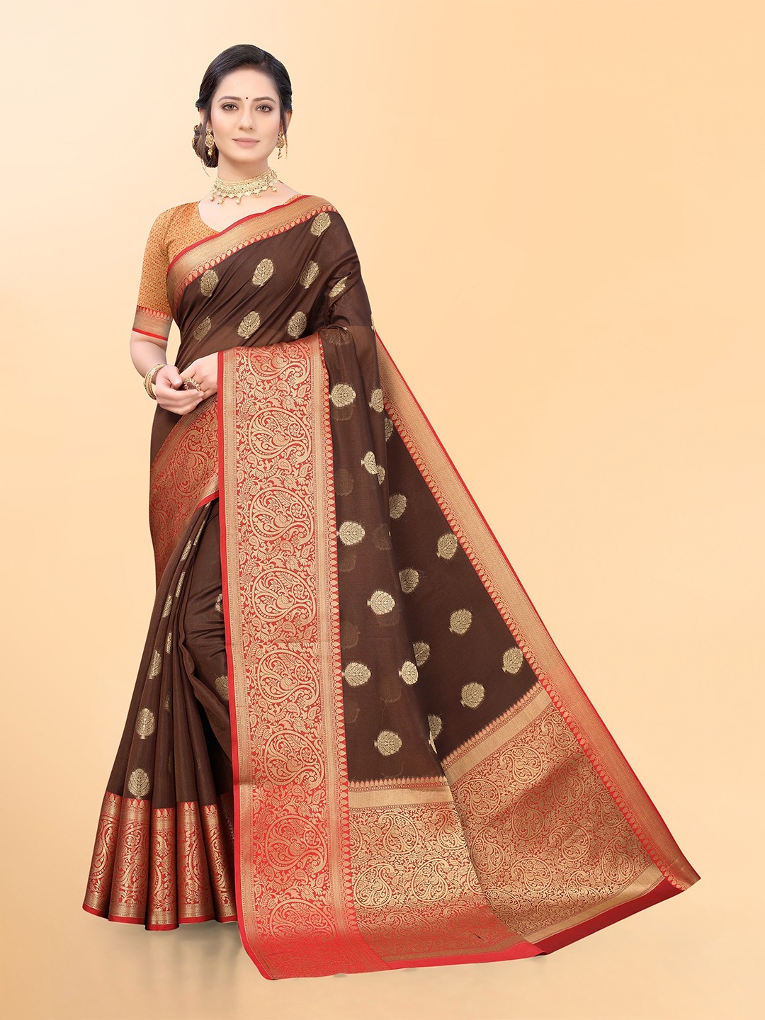 

Mitera Brown & Red Woven Design Zari Organza Banarasi Saree
