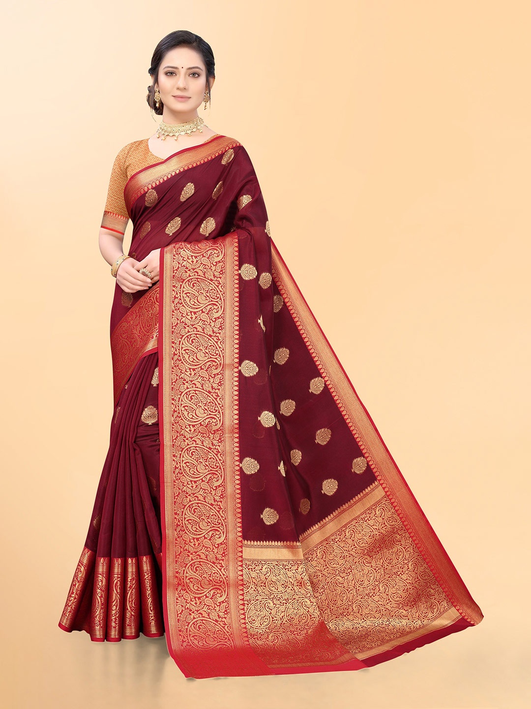 

Mitera Maroon & Red Woven Design Zari Organza Banarasi Saree