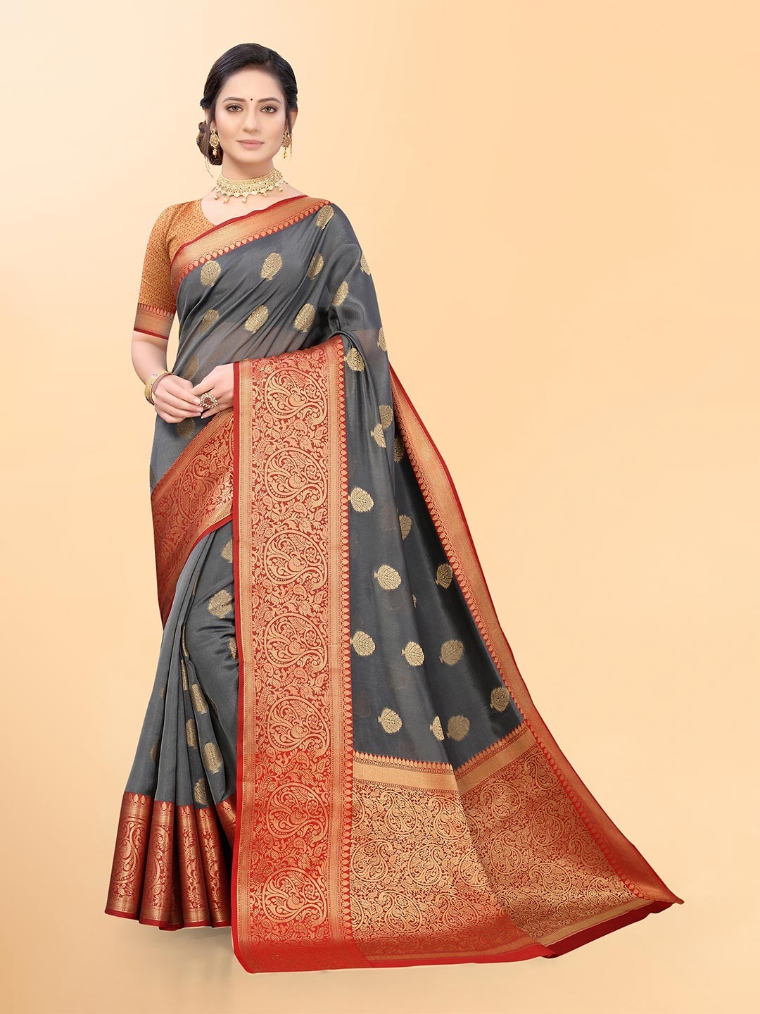 

Mitera Women Grey & Red Woven Design Zari Organza Banarasi Saree