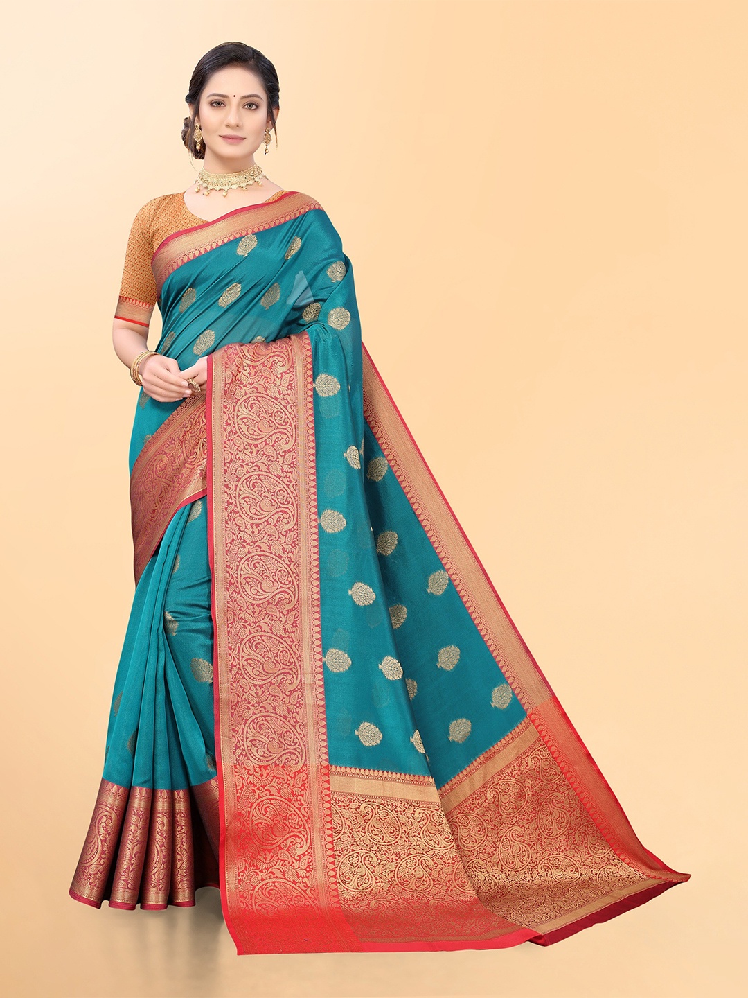 

Mitera Turquoise Blue & Red Woven Design Zari Organza Banarasi Saree