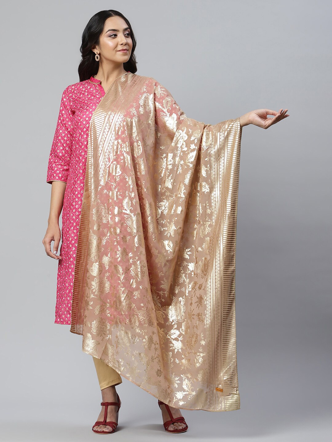 

AURELIA Beige & Gold-Toned Printed Dupatta with Zari