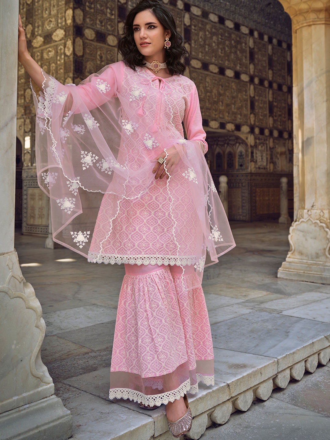 

AUTUMN LANE Women Pink Ethnic Motifs Embroidered Kurta with Sharara & With Dupatta