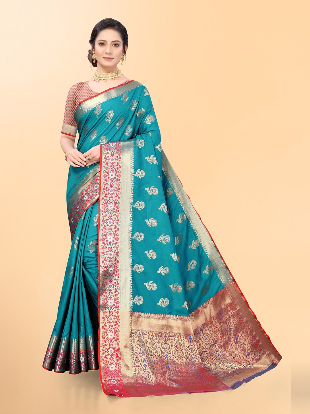 

Mitera Turquoise Blue & Red Woven Design Zari Organza Banarasi Saree