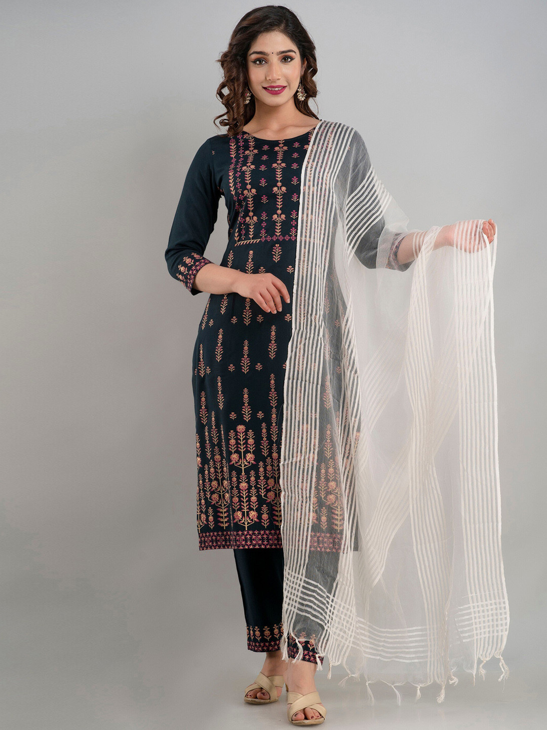 

Charu Women Teal Striped Pleated Kurti with Trousers