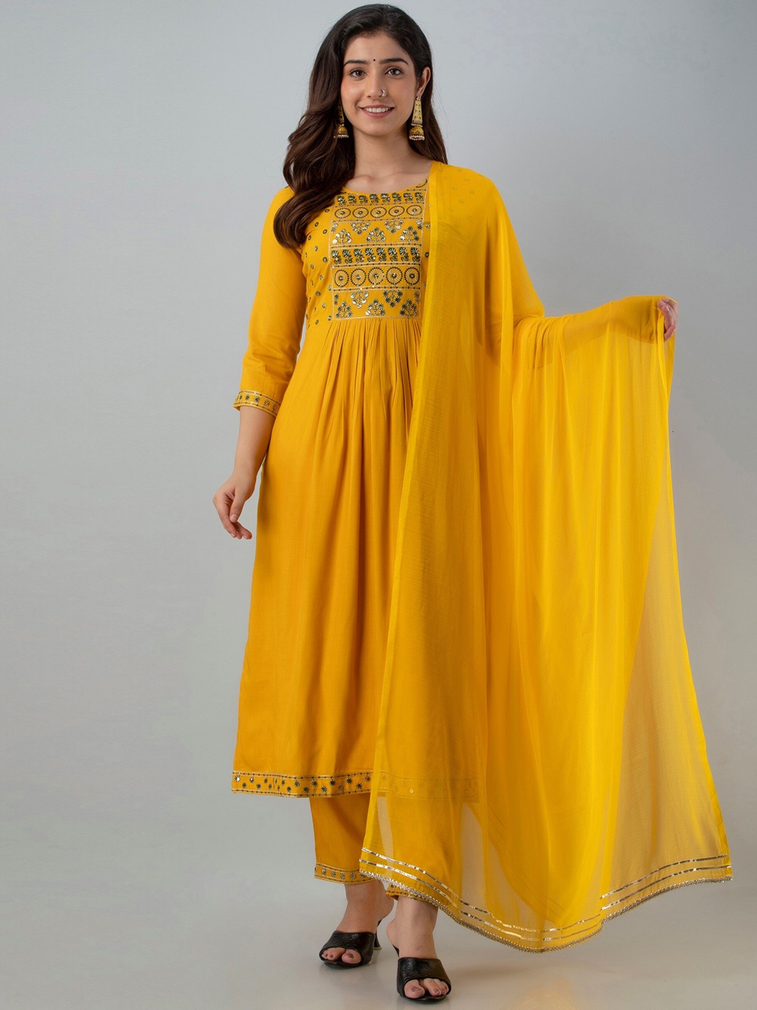 

Charu Women Mustard Yellow Yoke Design Pleated Kurti with Trousers & With Dupatta