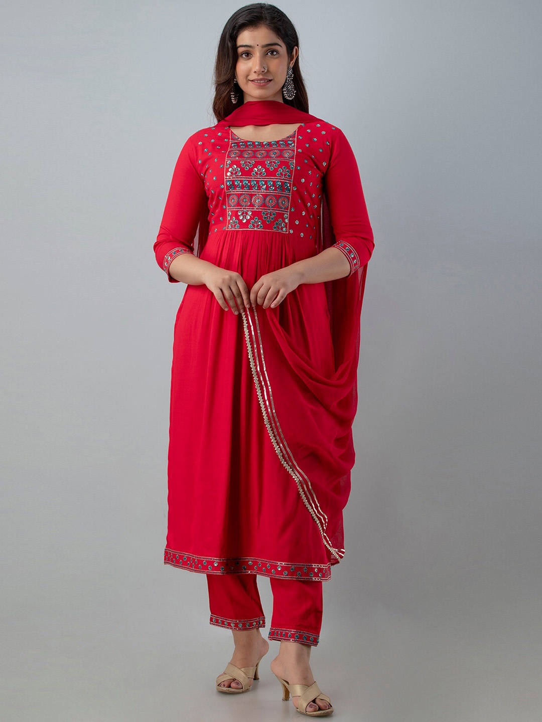 

Charu Women Fuchsia Pink Ethnic Motifs Yoke Design Empire Kurta with Trousers & Dupatta