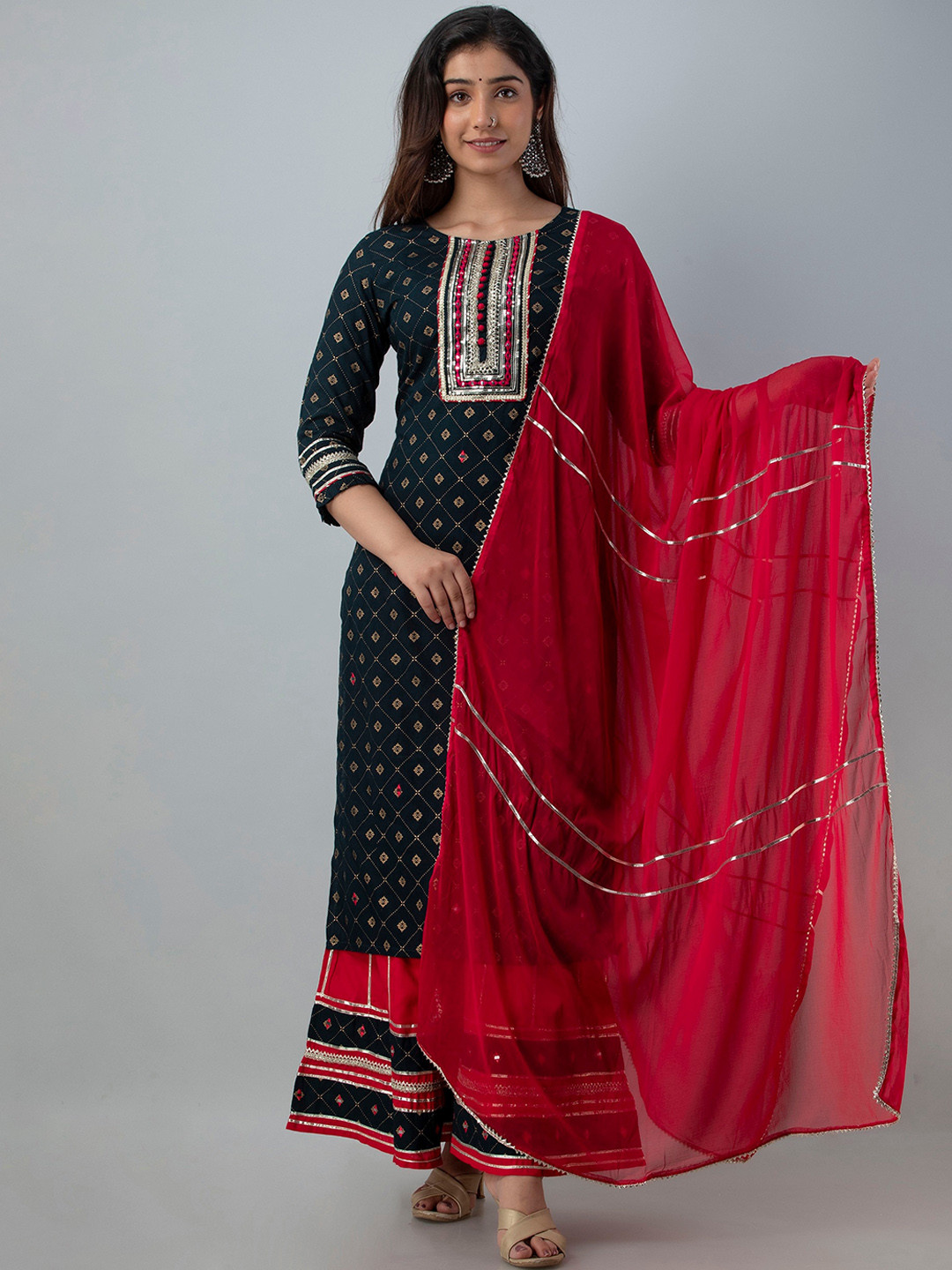 

Charu Women Teal Embroidered Thread Work Kurti with Sharara & With Dupatta