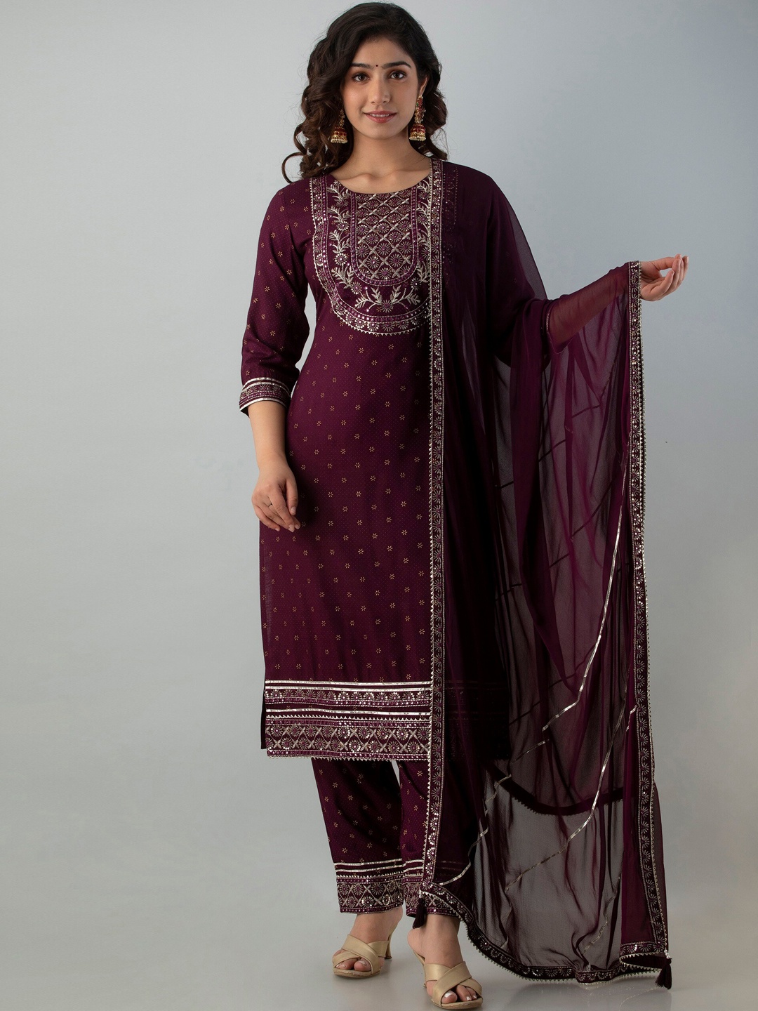 

Charu Women Violet Floral Printed Mirror Work Kurta with Trousers & With Dupatta