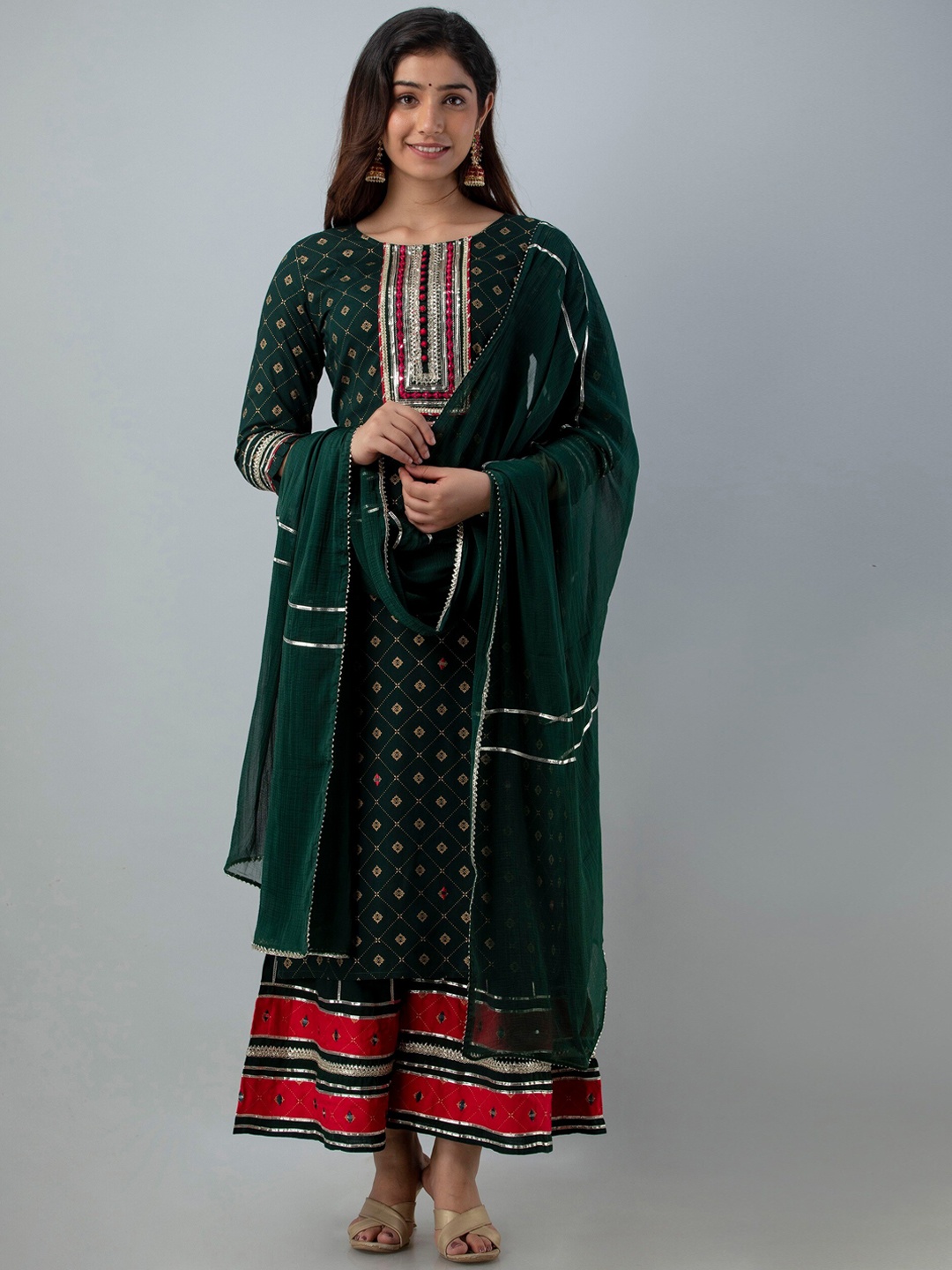 

Charu Women Green Panelled Kurta with Sharara& With Dupatta