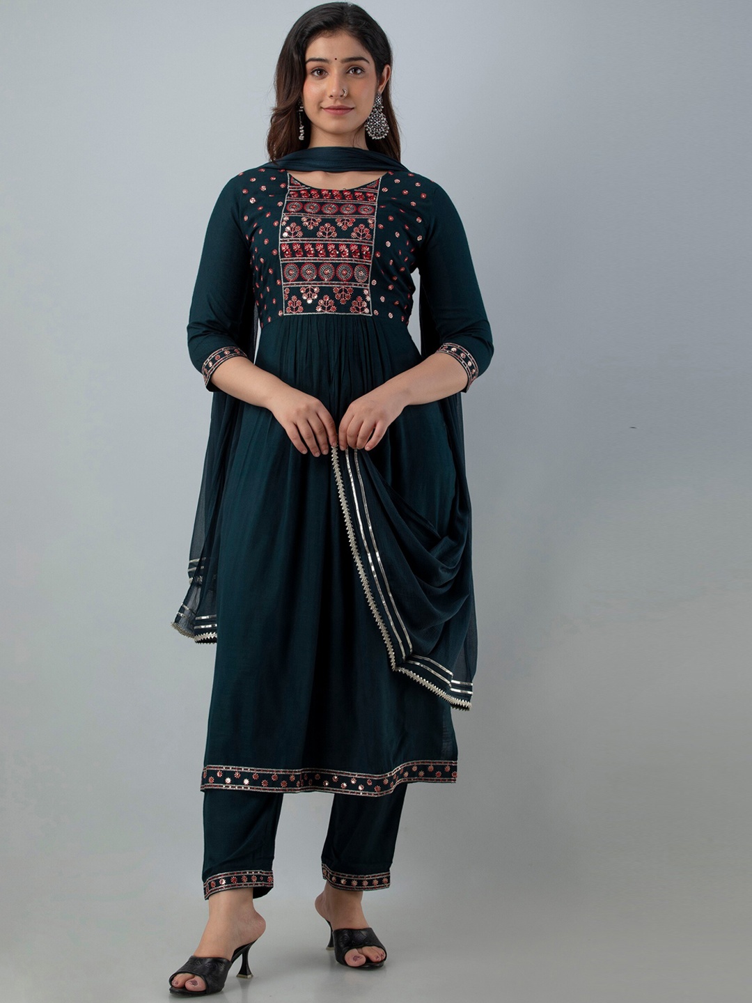 

Charu Women Teal Yoke Design Pleated Kurti with Trousers & With Dupatta