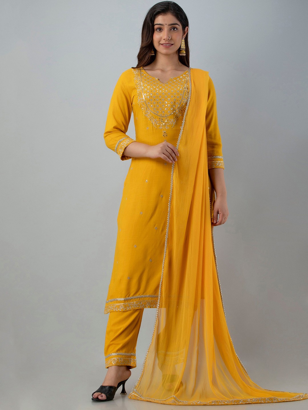 

Charu Women Mustard Yellow Yoke Design Kurta with Salwar & With Dupatta