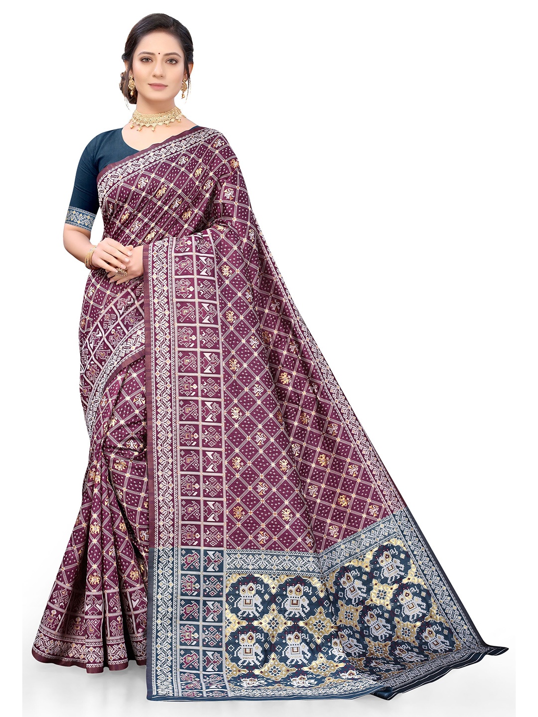 

Nimayaa Purple & Gold-Toned women Woven Design Zari Organza Banarasi Saree