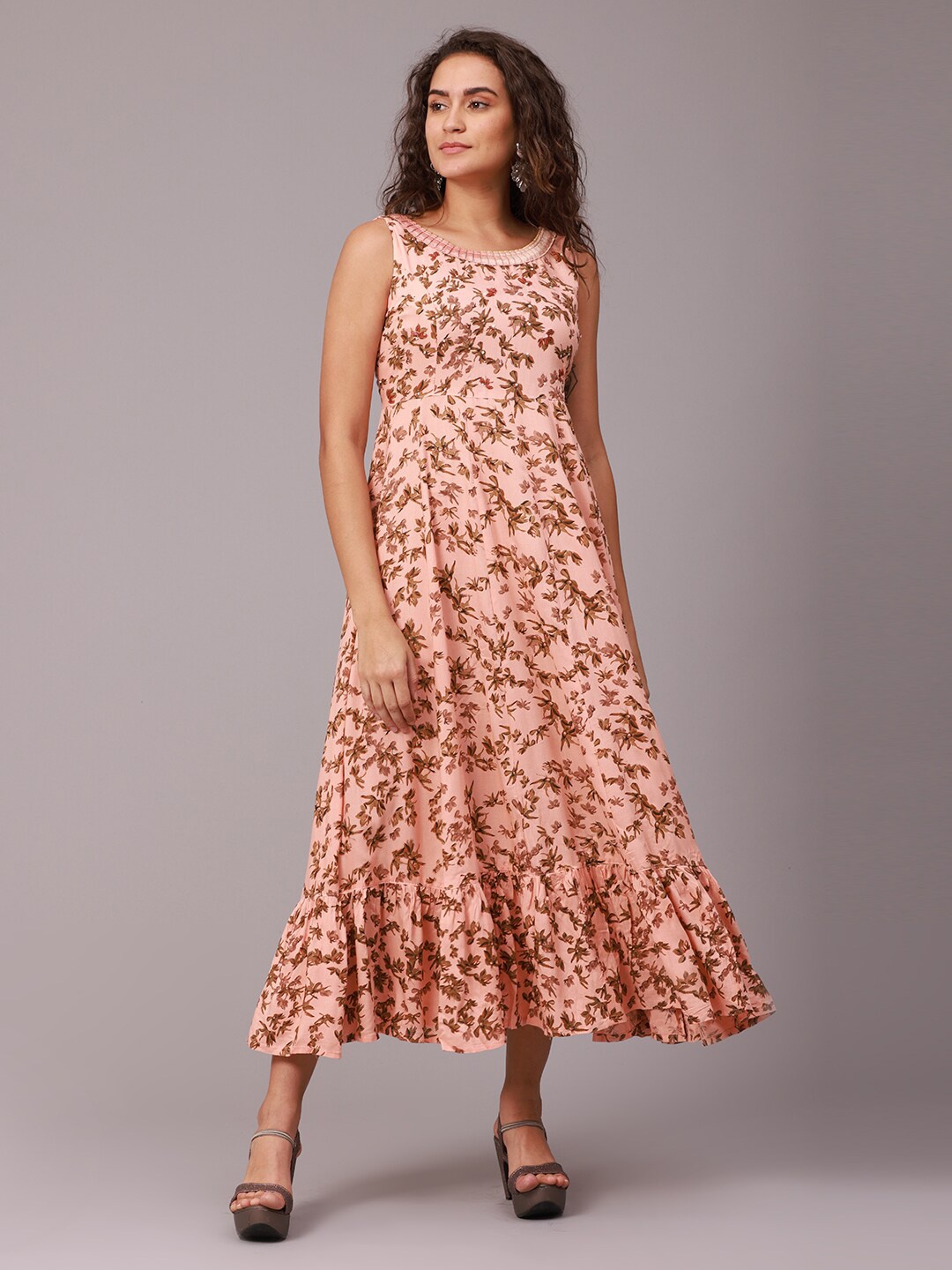 

NAYRA Women Peach Floral A-Line Maxi Dress