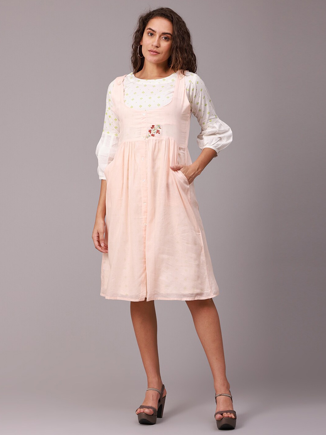 

NAYRA Peach-Coloured Floral Cotton Dress