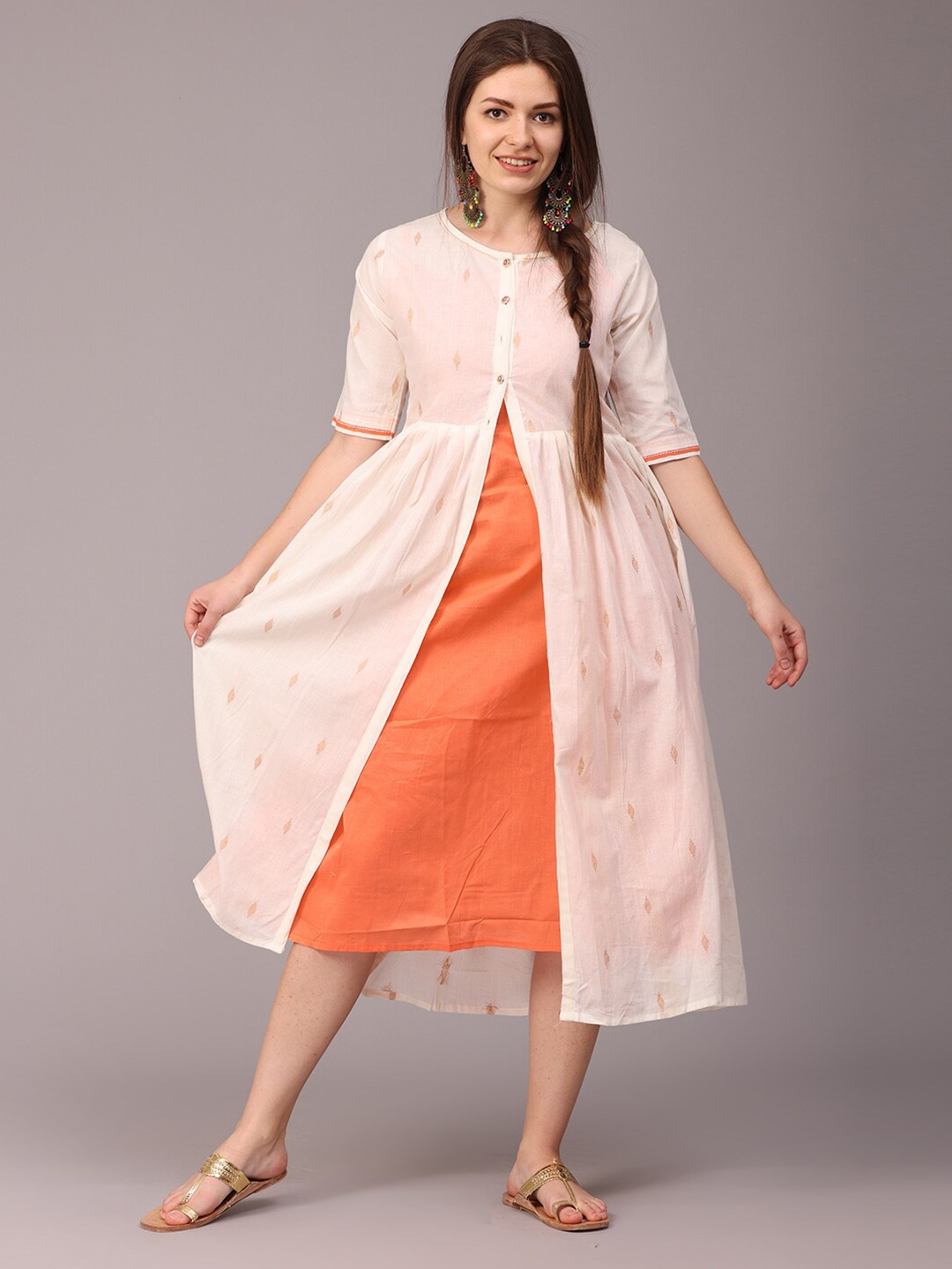 

NAYRA Orange & Off White Layered Midi Dress With Jacket Style Buttoned High-Slit Top