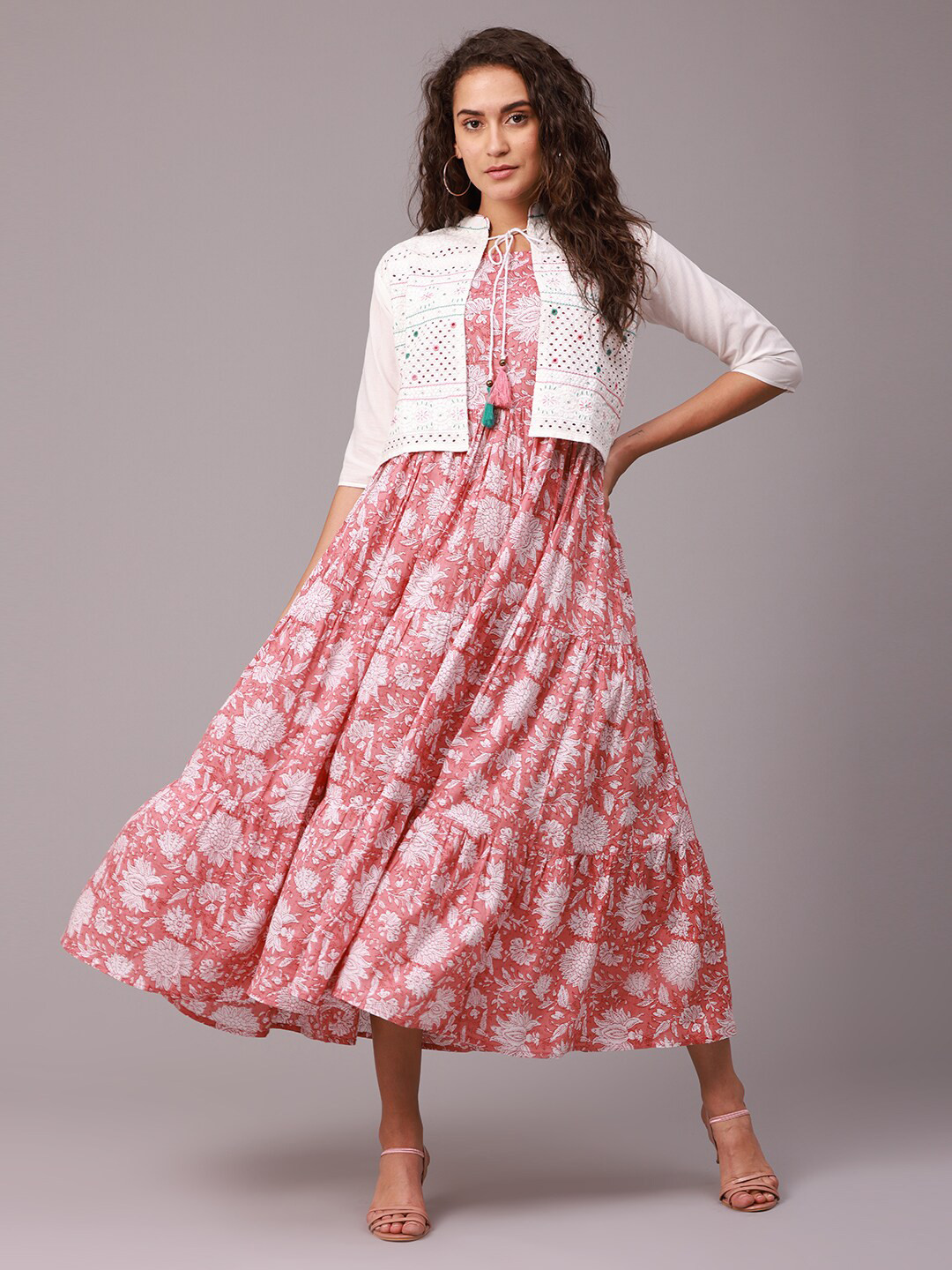 

NAYRA Women Peach & White Ethnic Motifs Flared Dress