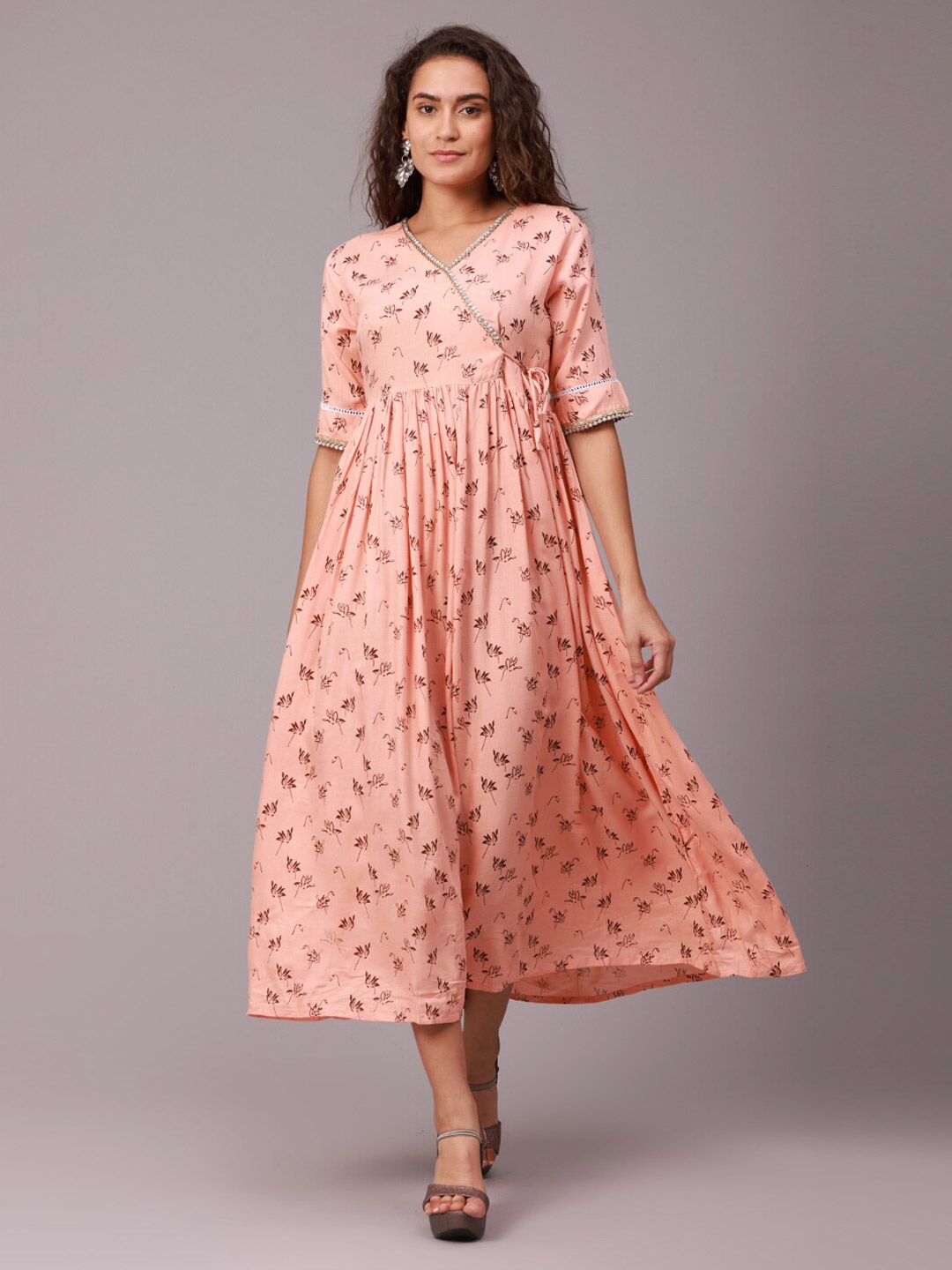 

NAYRA Peach-Coloured Floral A-Line Midi Dress