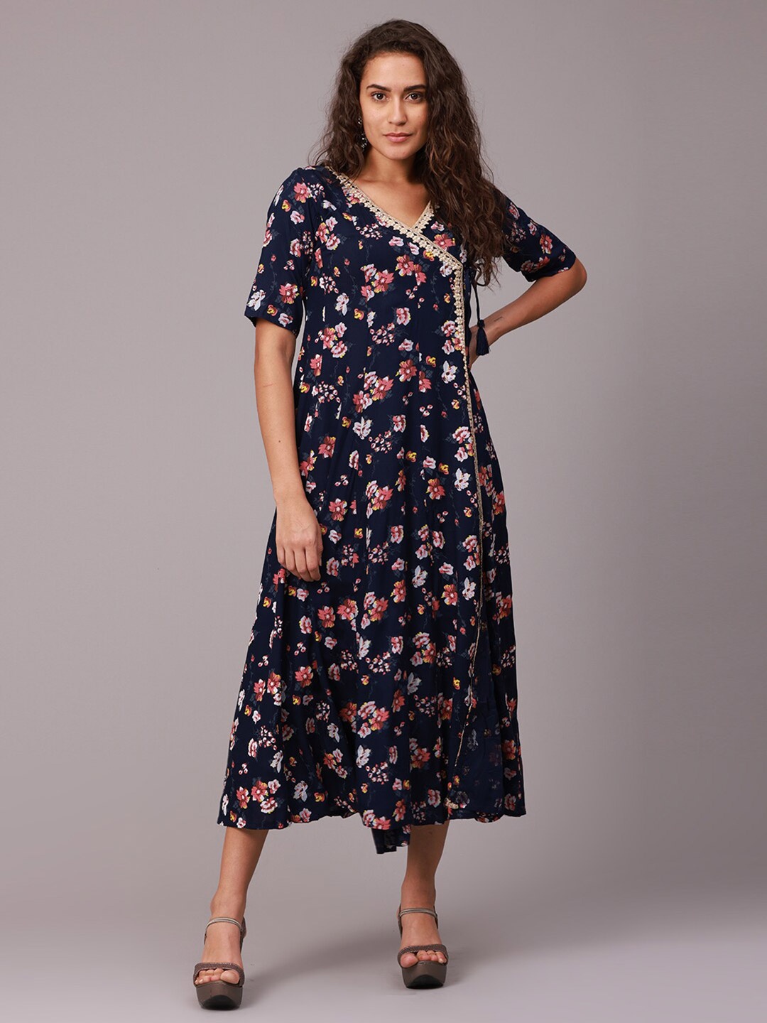NAYRA Navy Blue Floral A-Line Midi Dress - buy at the price of $11.48 ...