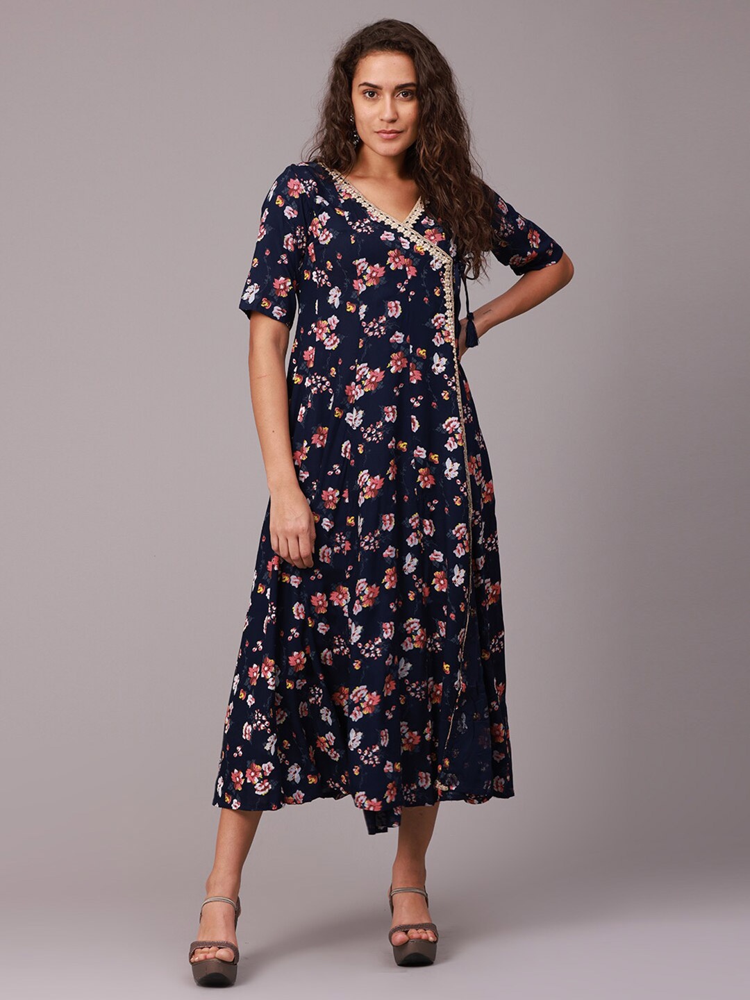 

NAYRA Navy Blue Floral A-Line Midi Dress