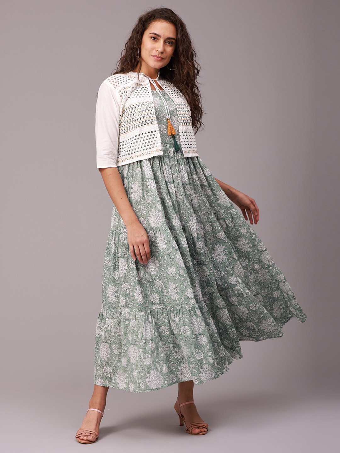 

NAYRA Green & Off White Ethnic Motifs Maxi Dress