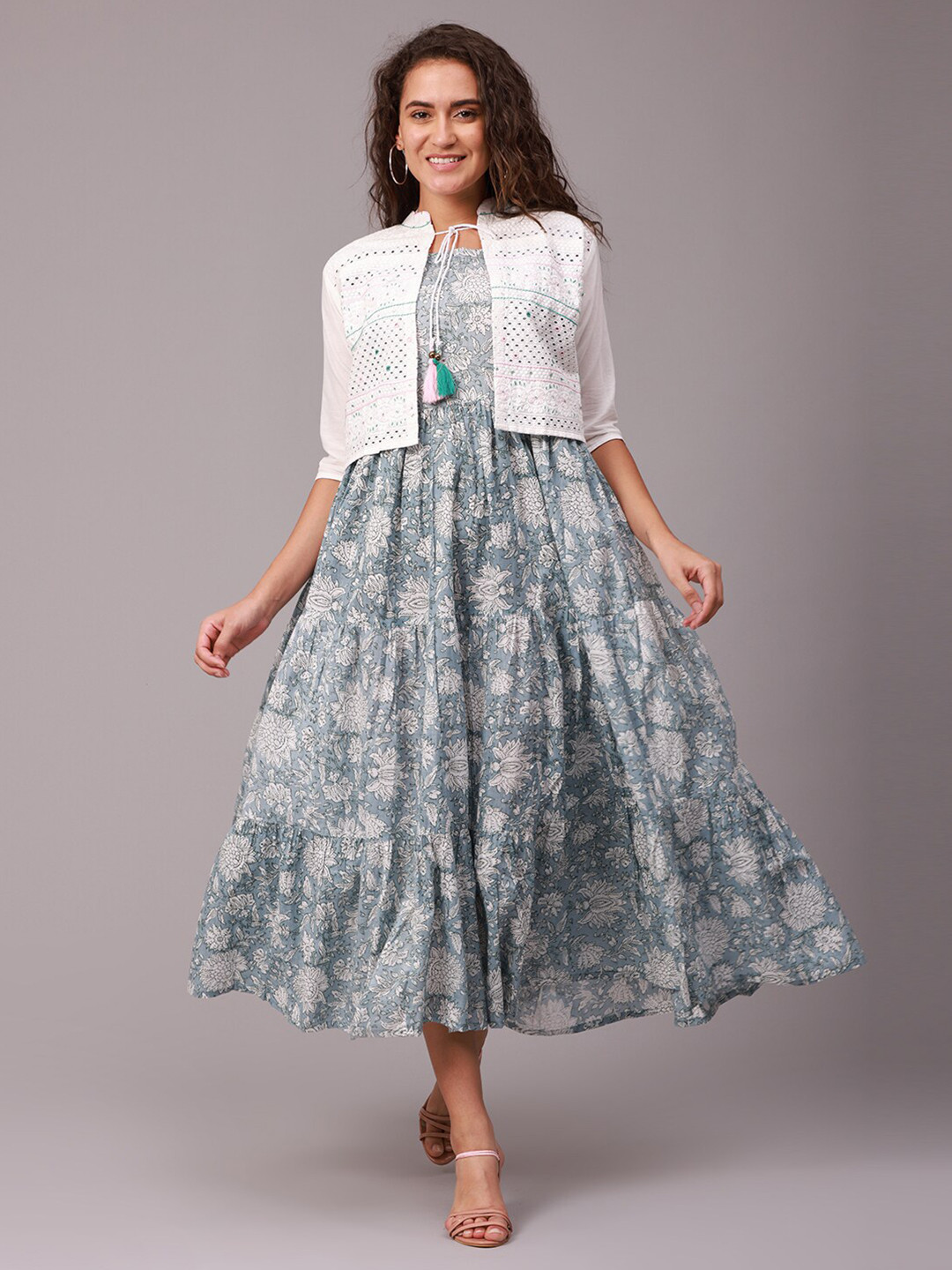 

NAYRA Grey Floral A-Line Midi Dress