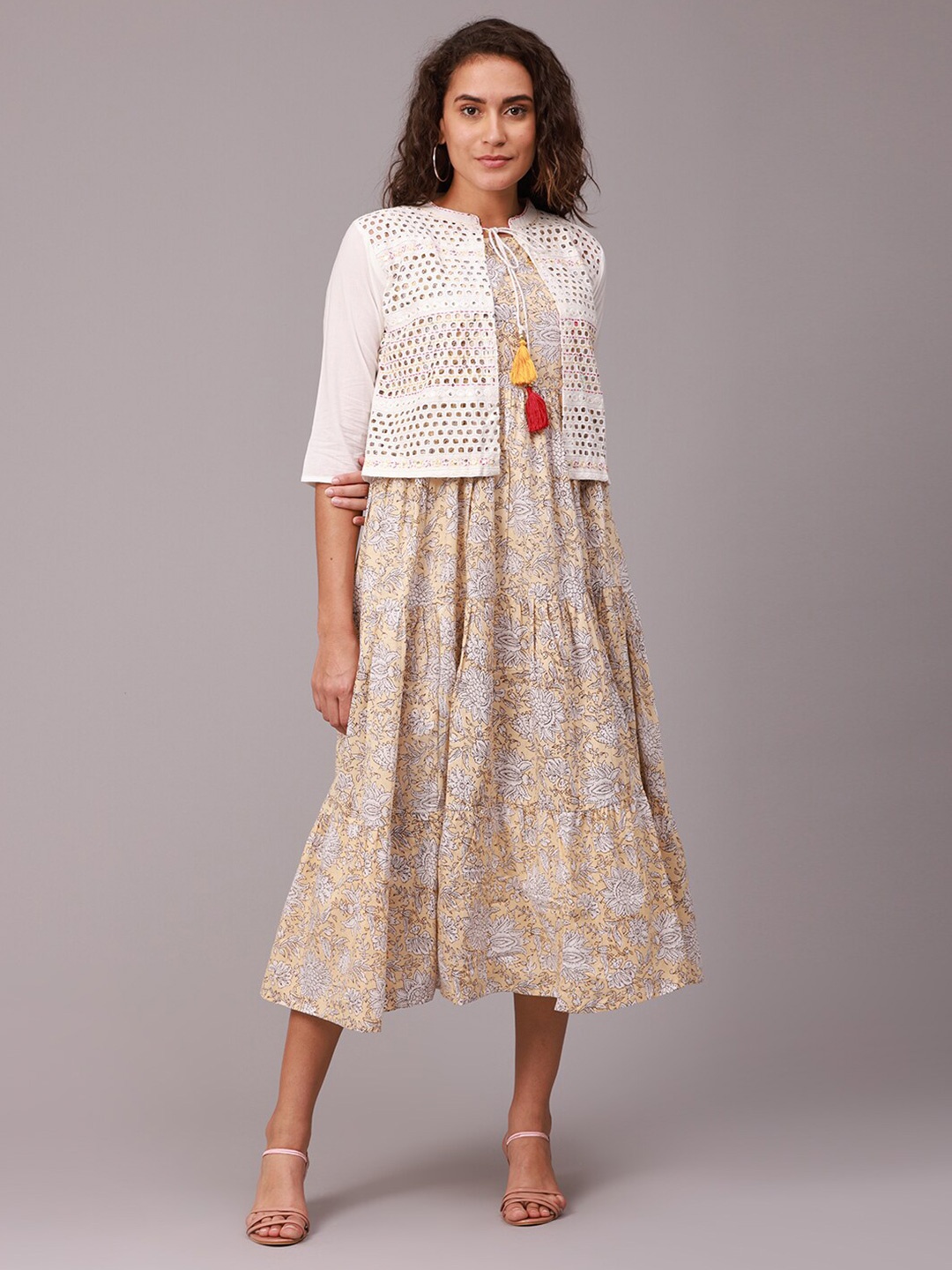 

NAYRA Women Beige Ethnic Motifs A-Line Midi Dress