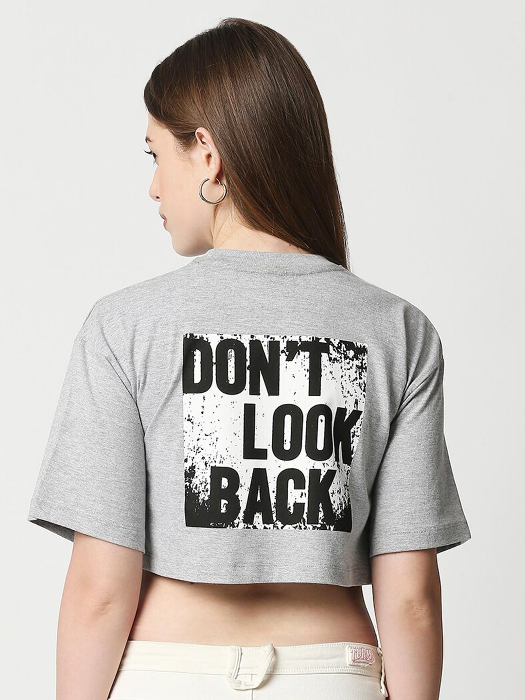 

Blamblack Round Neck Short Sleeves Printed Crop Top, Grey melange