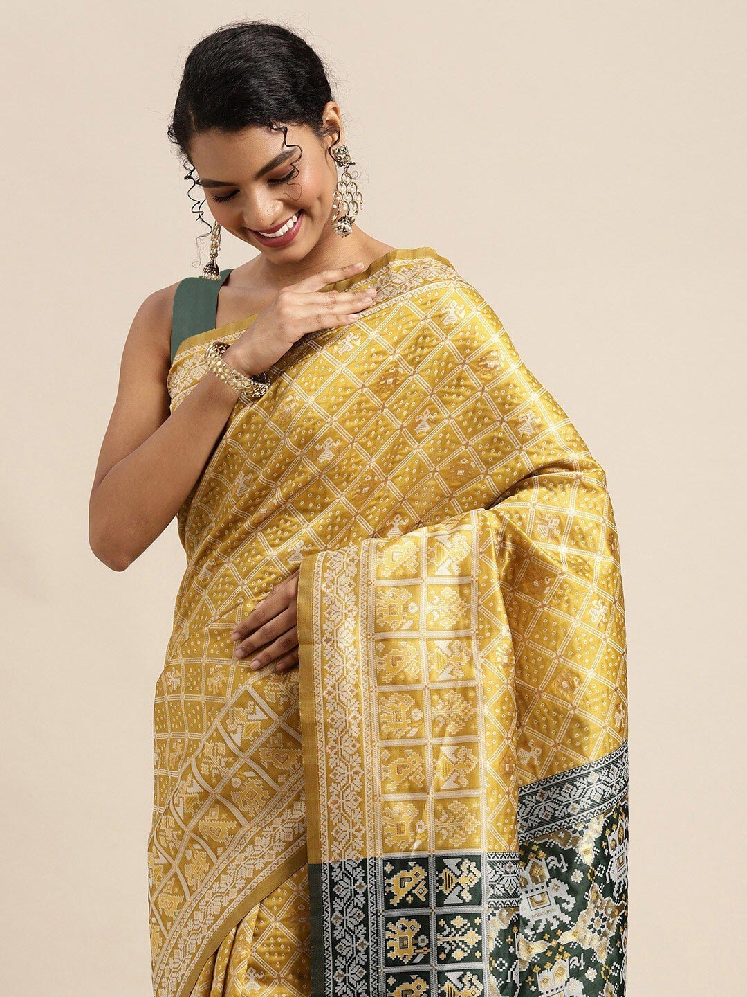 

all about you Mustard Yellow & Green Ethnic Motifs Zari Organza Banarasi Saree