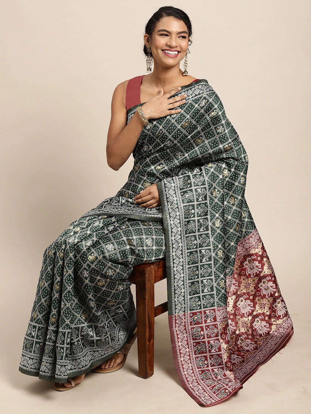 

all about you Green & Red Ethnic Motifs Zari Banarasi Saree