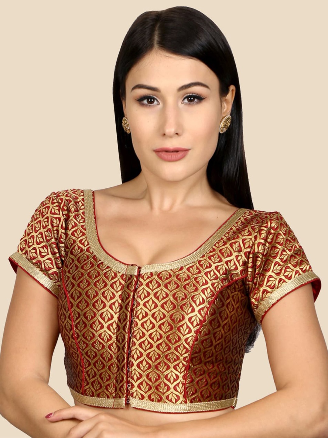 

neckbook Women Maroon & Gold Woven Design Princess Cut Padded Readymade Saree Blouse