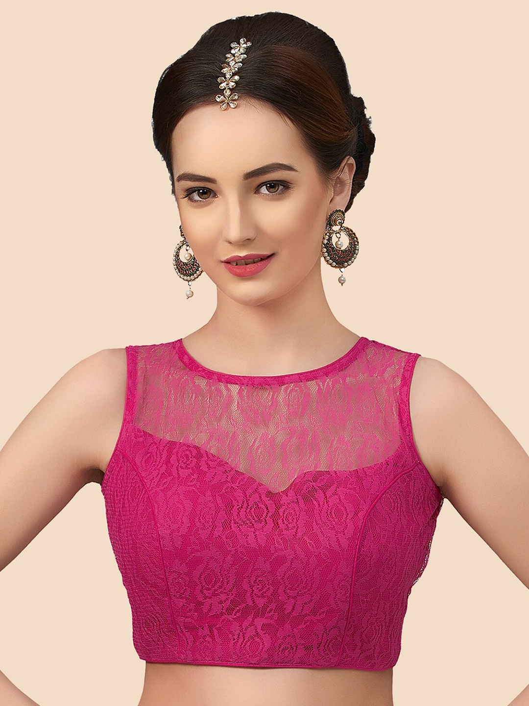 

neckbook Women Pink Woven Design Princess Cut Padded Readymade Saree Blouse