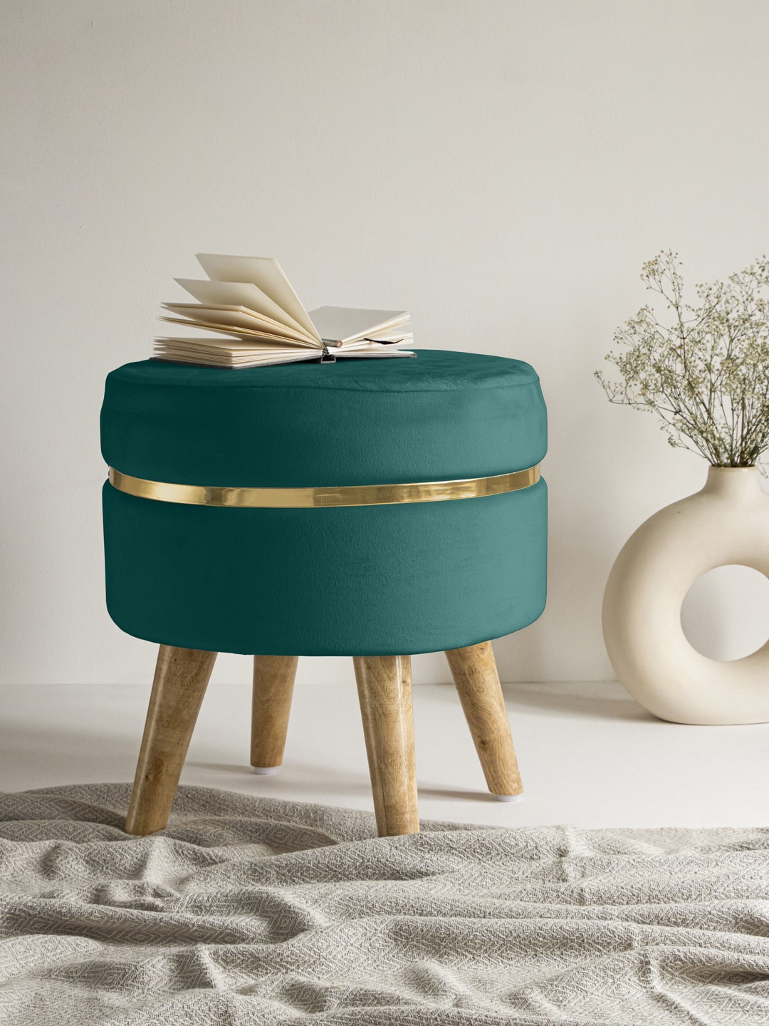 

Ocean Blue Stool With Golden Ring & Wood Legs