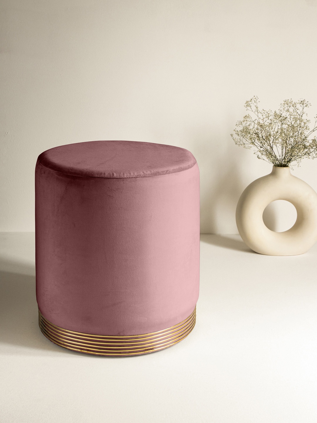 

Clasiko Pink Solid Ottomans With Gold Color Rings