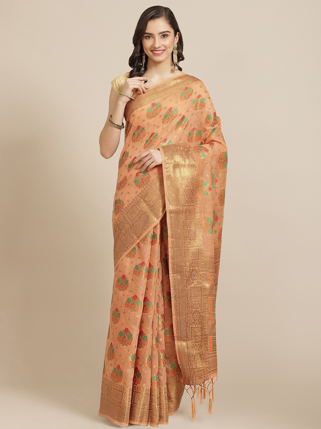 

Divine International Trading Co Peach-Coloured Woven Design Zari Pure Cotton Chanderi Saree