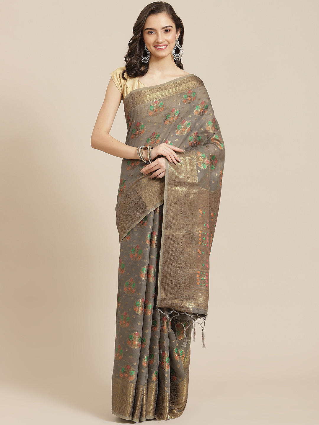

Divine International Trading Co Grey & Golden Woven Design Zari Pure Cotton Chanderi Saree