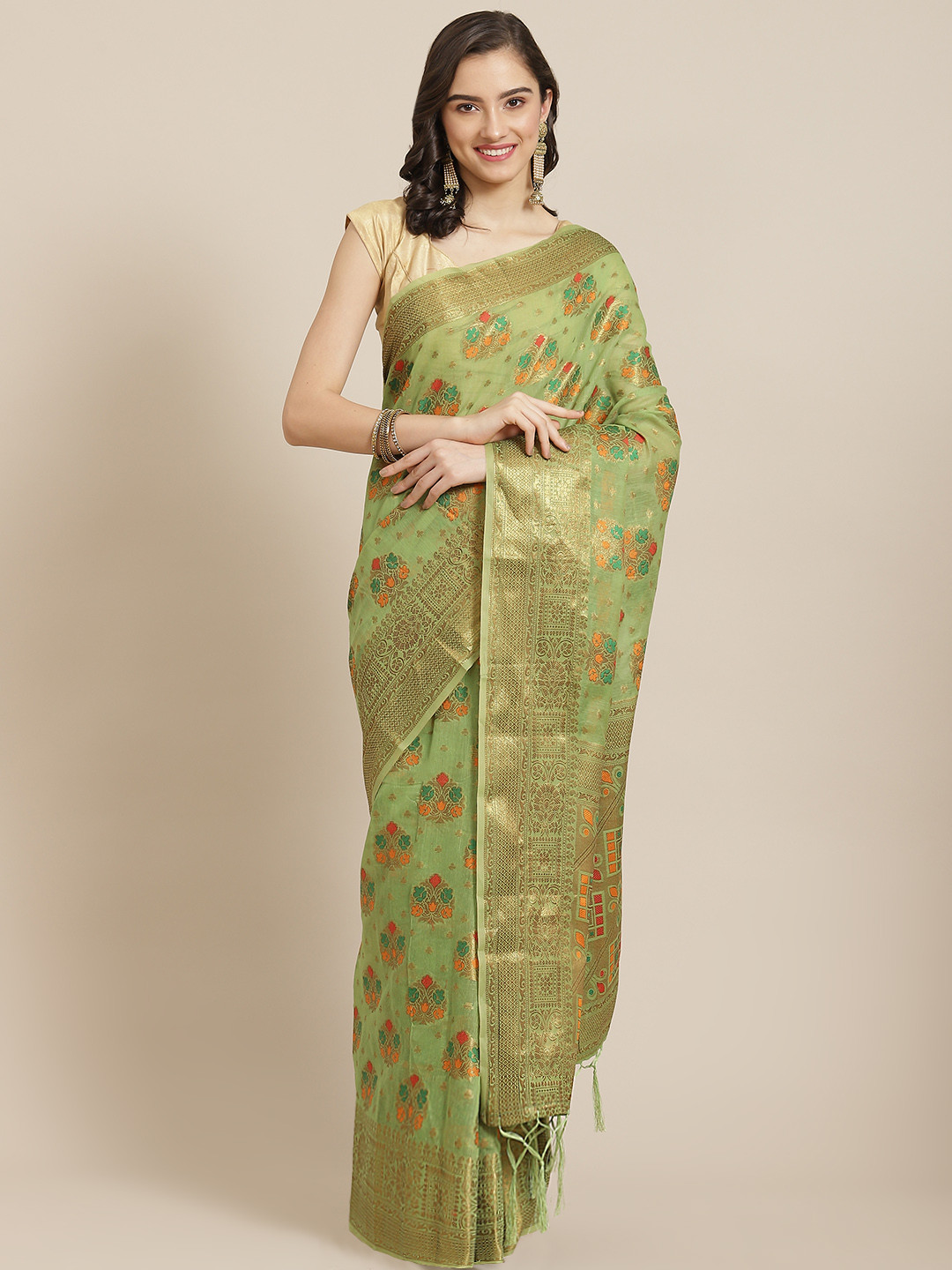 

Divine International Trading Co Green & Gold-Toned Ethnic Motifs Zari Pure Cotton Chanderi Saree