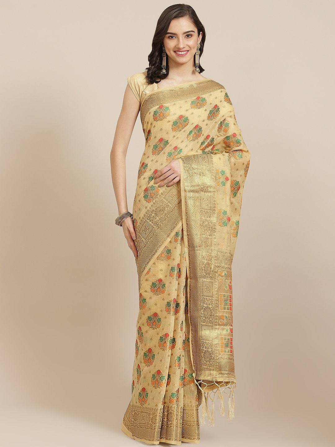 

Divine International Trading Co Cream-Coloured Woven Design Zari Pure Cotton Chanderi Saree