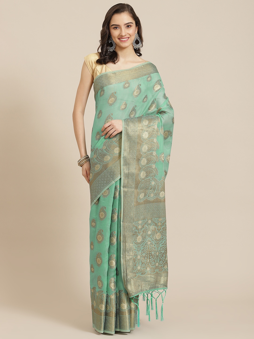 

Divine International Trading Co Turquoise Blue & Gold-Toned Ethnic Motifs Zari Pure Cotton Chanderi Saree