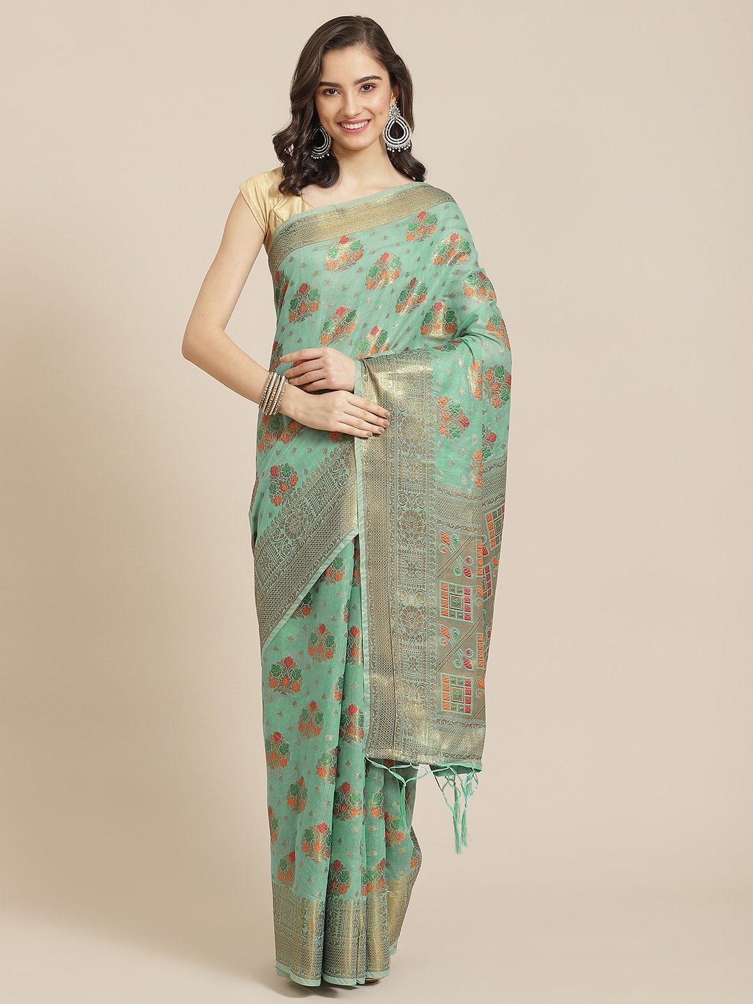 

Divine International Trading Co Turquoise Blue & Gold-Toned Ethnic Motifs Zari Pure Cotton Chanderi Saree