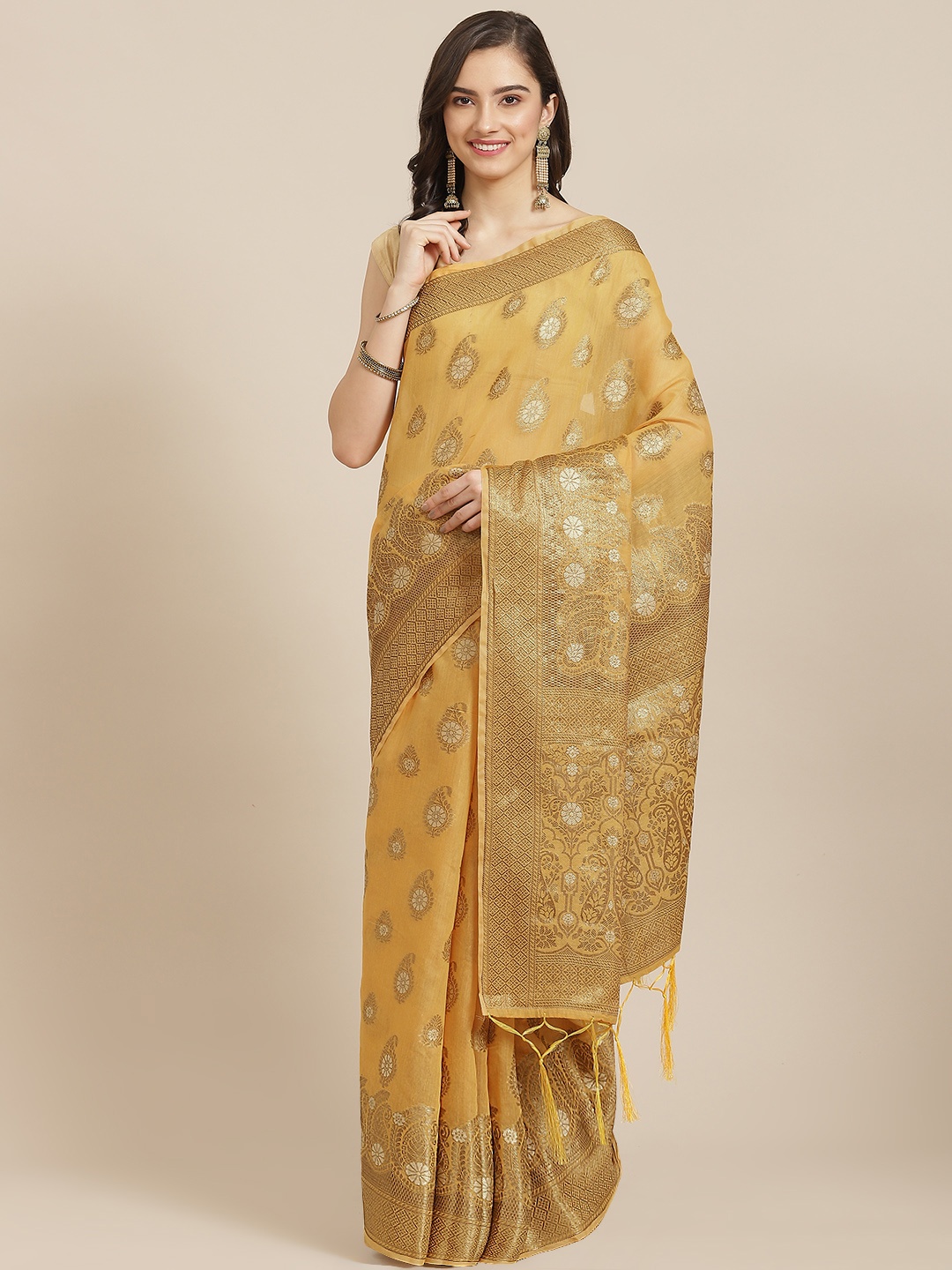 

Divine International Trading Co Yellow Woven Design Zari Pure Cotton Chanderi Saree