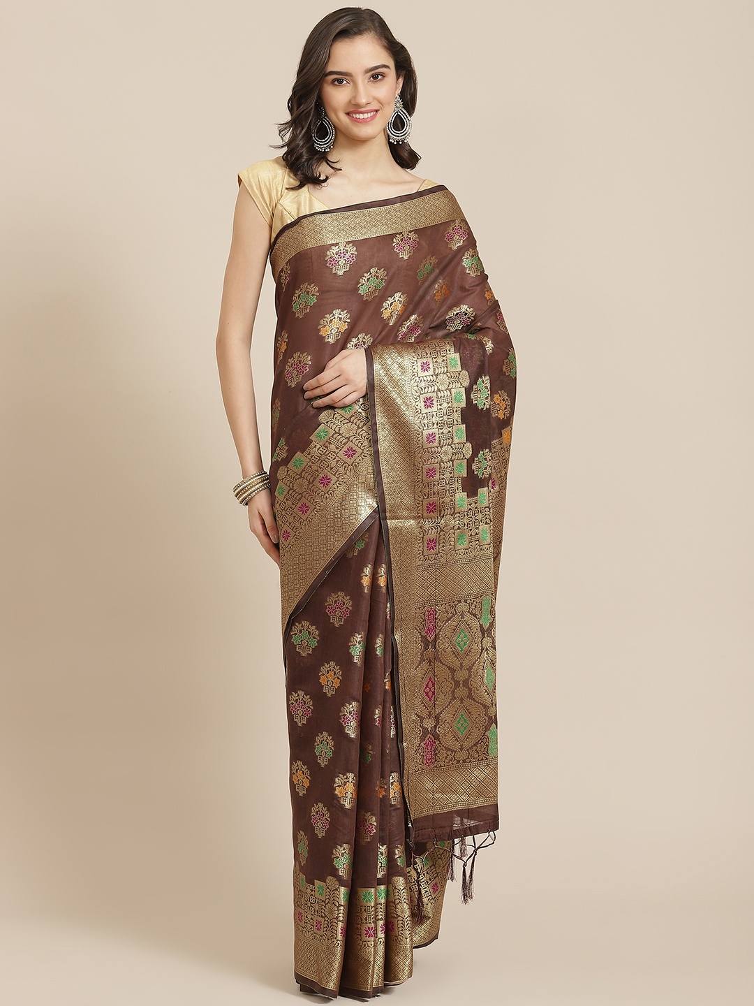 

Divine International Trading Co Brown & Golden Woven Design Pure Cotton Chanderi Saree