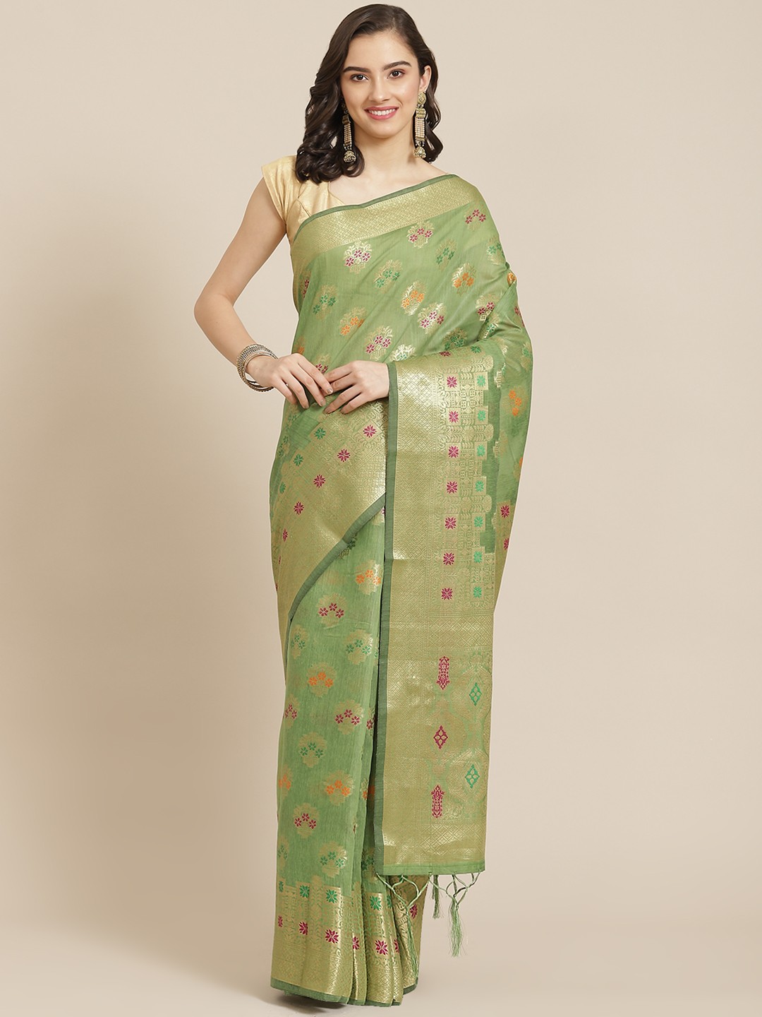 

Divine International Trading Co Green Woven Design Zari Pure Cotton Chanderi Saree