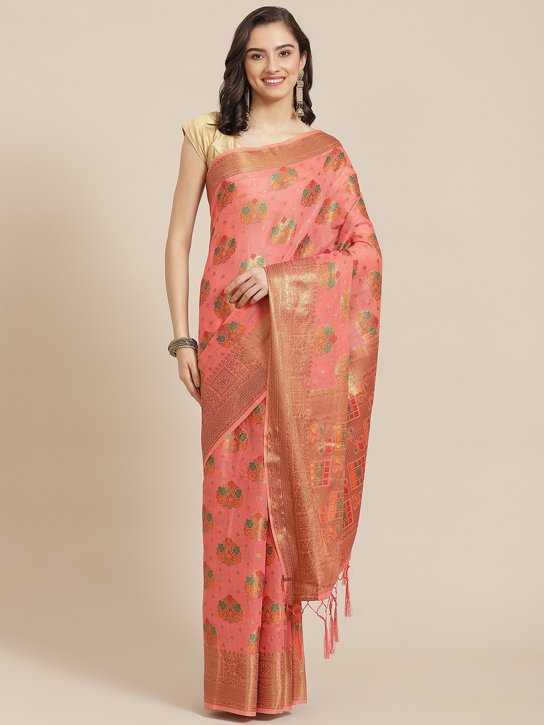 

Divine International Trading Co Pink & Gold-Toned Ethnic Motifs Zari Pure Cotton Chanderi Saree