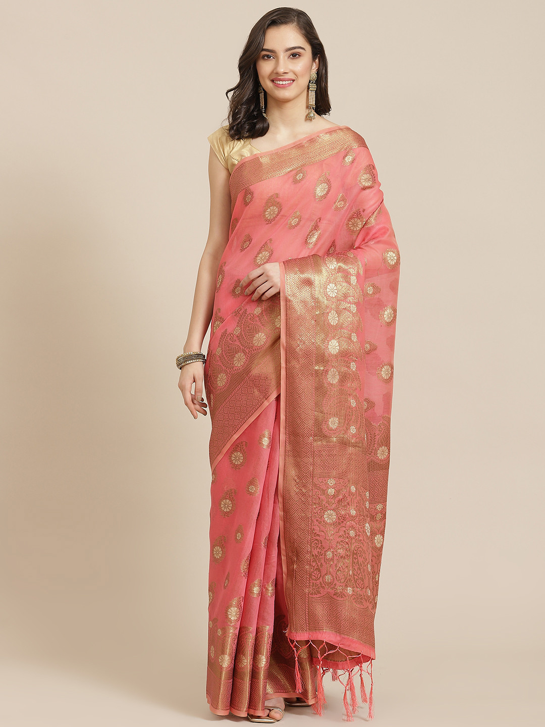 

Divine International Trading Co Pink & Golden Woven Design Zari Pure Cotton Chanderi Saree