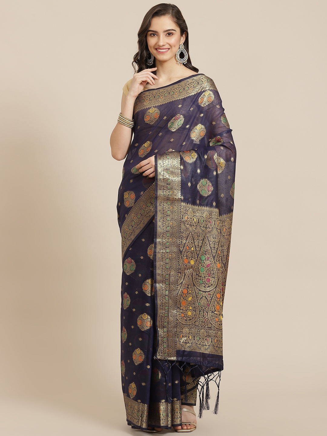 

Divine International Trading Co Blue & Gold-Toned Floral Zari Pure Cotton Chanderi Saree