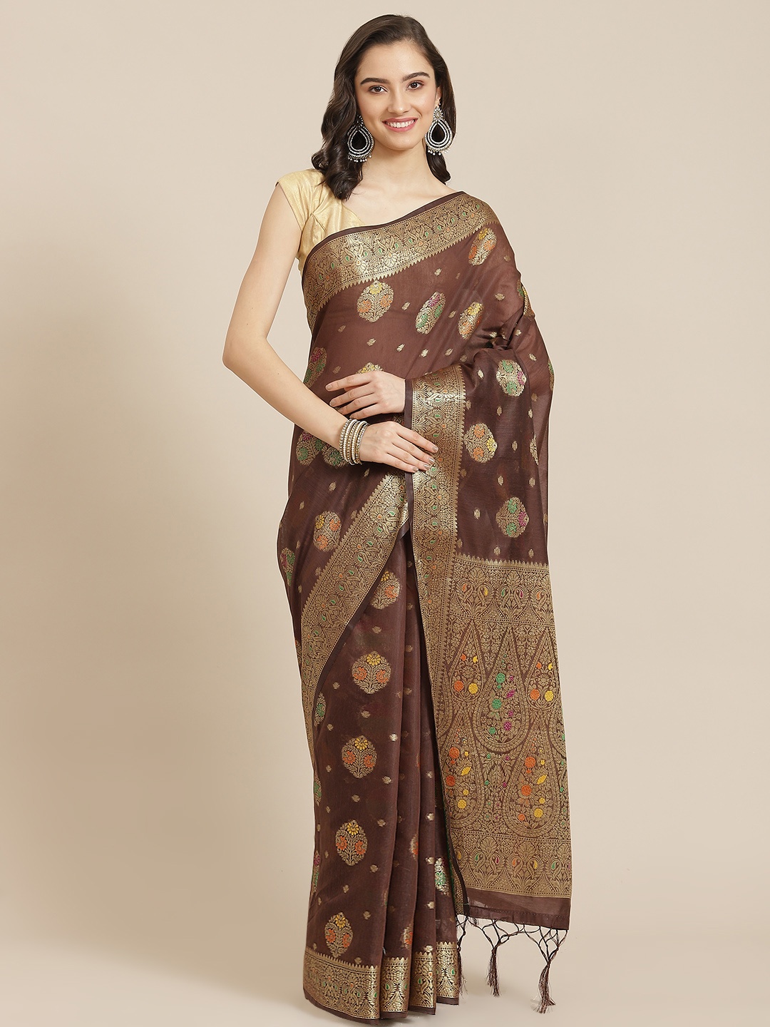 

Divine International Trading Co Brown & Golden Woven Design Pure Cotton Chanderi Saree