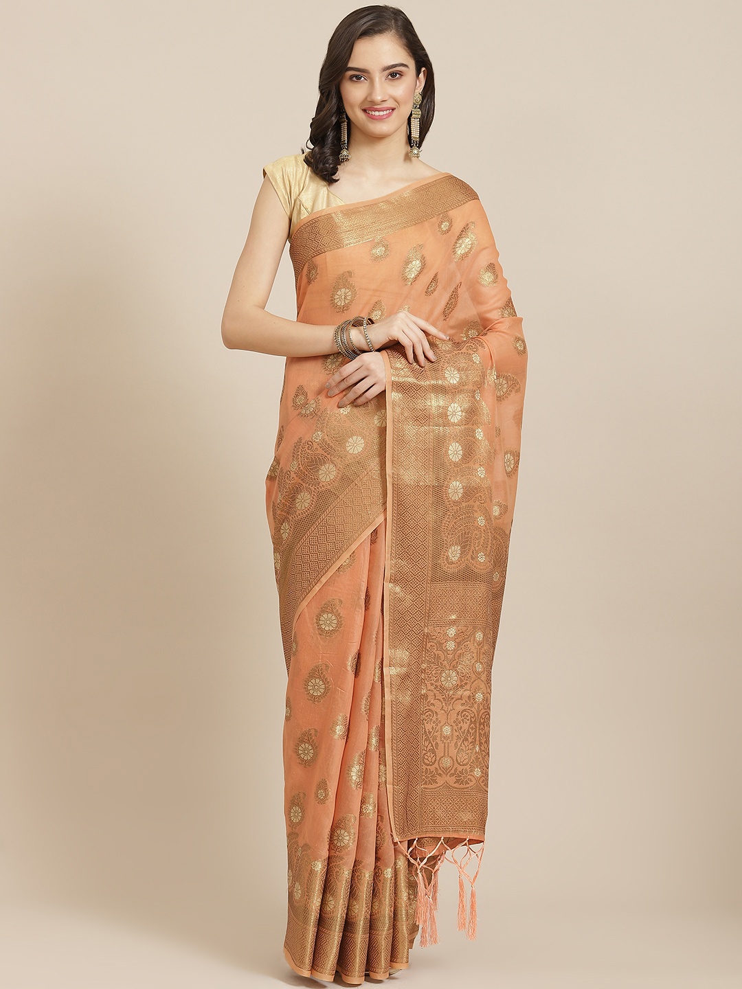 

Divine International Trading Co Peach-Coloured Woven Design Zari Pure Cotton Chanderi Saree