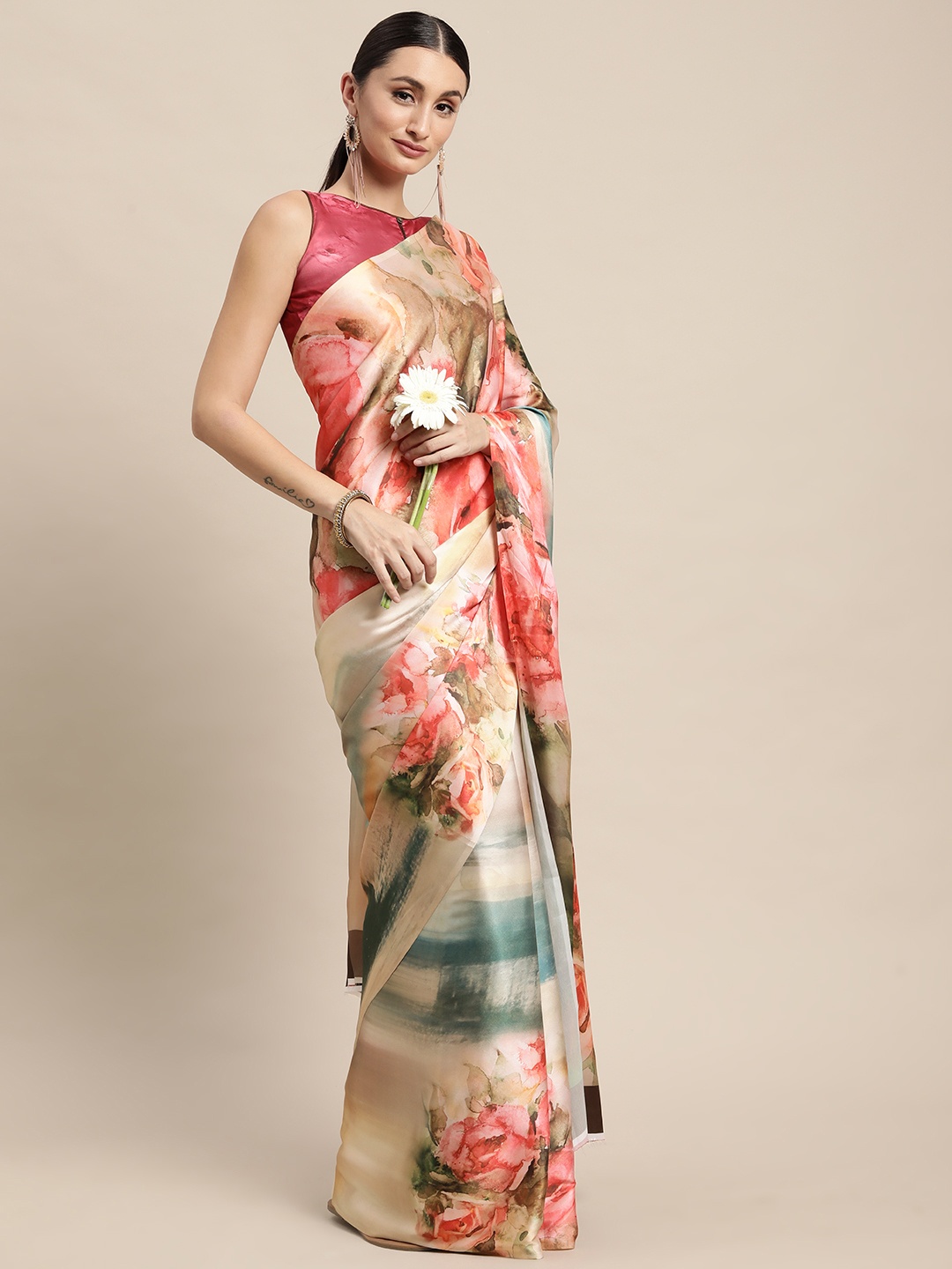 

VAIRAGEE Pink & Brown Floral Printed Saree