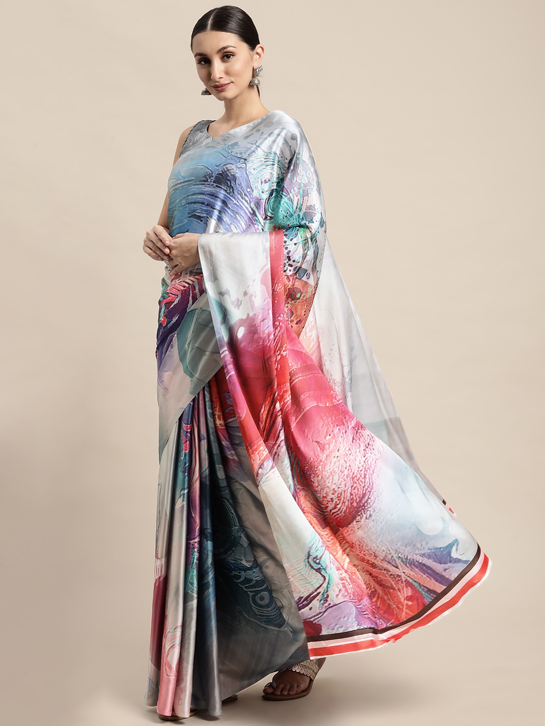 

VAIRAGEE Blue & Red Abstract Printed Saree